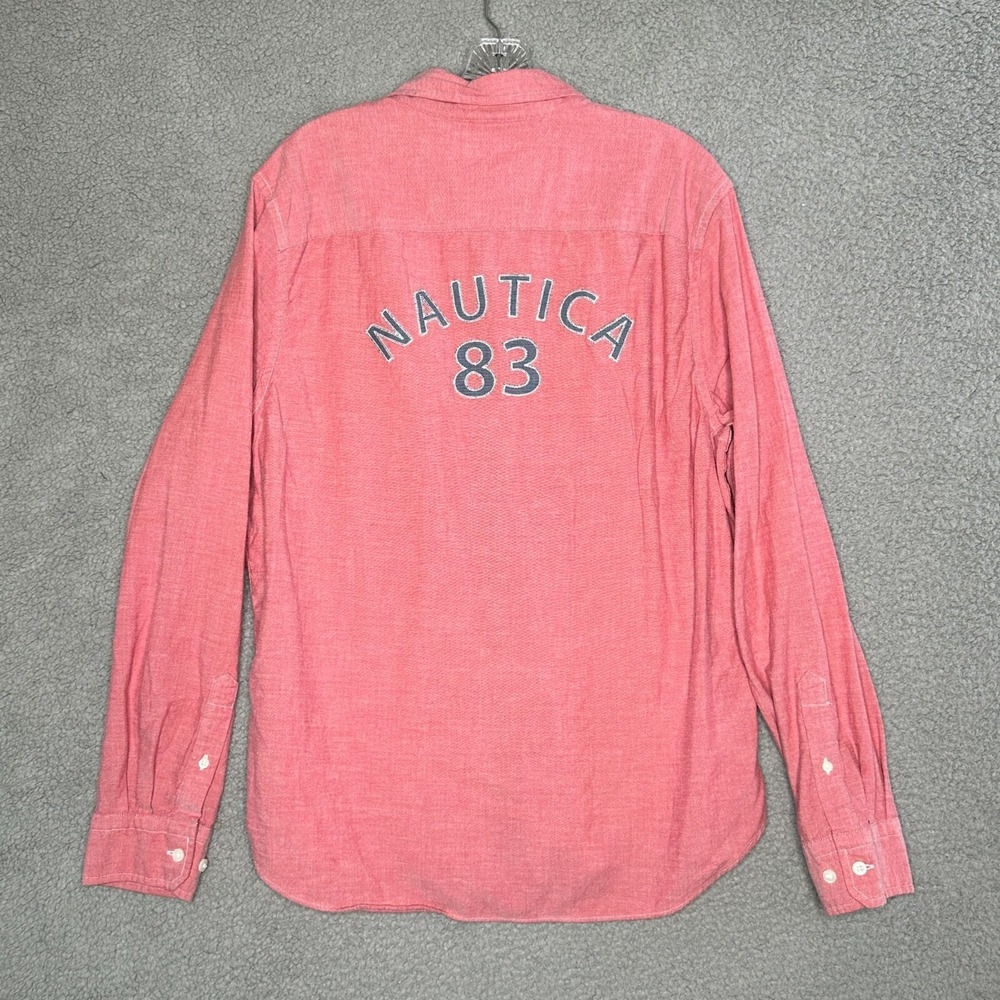 Nautica Button Front‎ Shirt Mens Sz Large Heathered Red Classic Preppy Spellout
